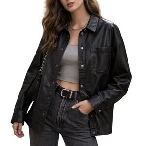 Cotton On Womens Vegan Leather Oversized Shacket Medium Black Utility Edgy Biker